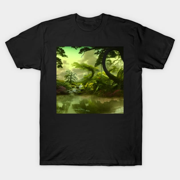 Digital Painting Scene Of a Realistic Jungle and Lake, Amazing Nature T-Shirt by Promen Art